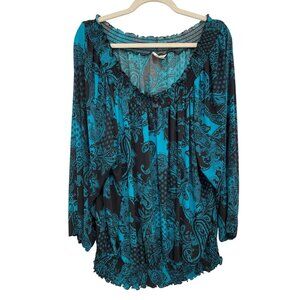Cato Tunic Top Plus Size 22/24W Paisley Print Smocked Blouse Blue Black Bohemian
